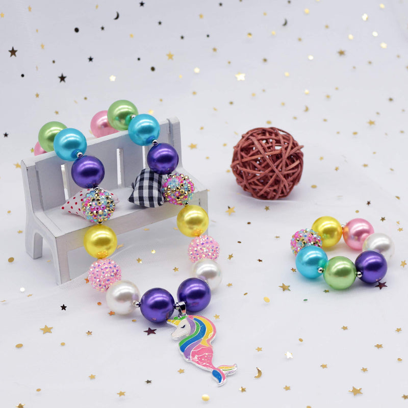 [Australia] - BUENAVO Chunky Bubblegum Necklace Unicorn Mermaid Pendant Necklace Fashion Beads Baby Jewelry with Gift Box 