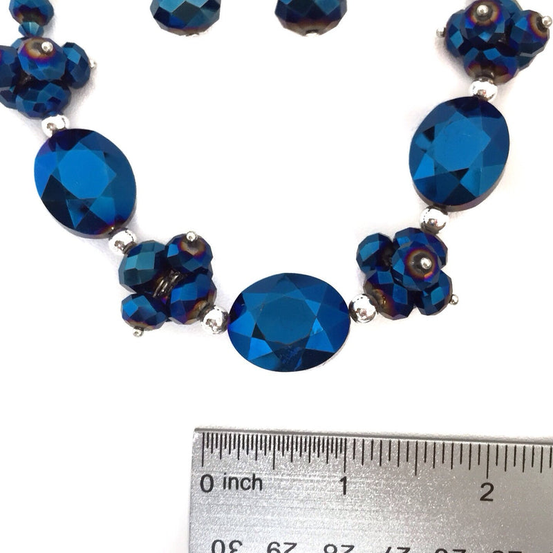 [Australia] - Blue Reflective Glass Bead Fancy Formal Magnetic Back Necklace Earrings Set 