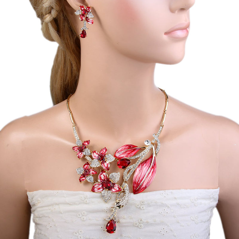 [Australia] - EVER FAITH Hibiscus Leaf Necklace Earrings Set Cubic Zirconia Crystal Gold-Tone Red 