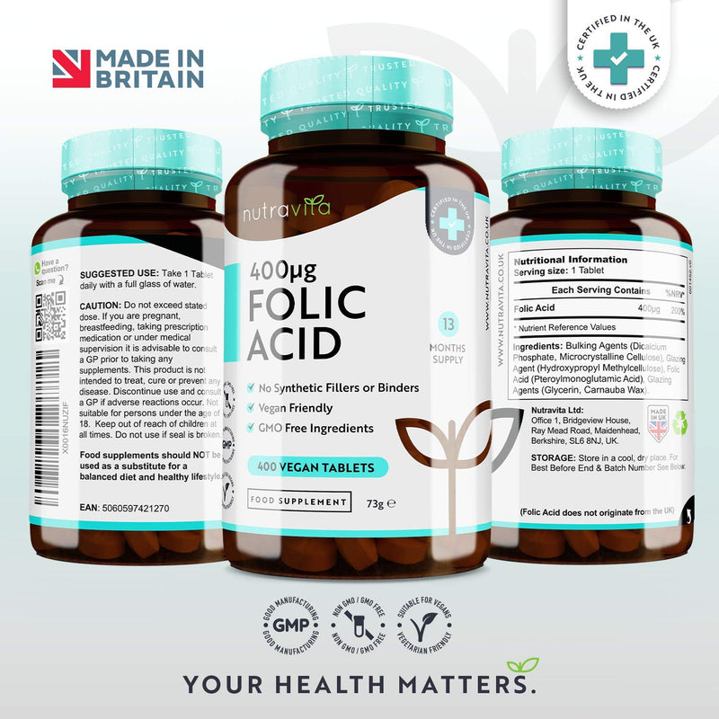 [Australia] - Folic Acid Tablets 400 mcg - 400 Vegan Vitamin B9 Tablets - 13 Month Supply - Pregnancy Care - Normal Function of Immune System & Maternal Tissue Growth During Pregnancy - Made in The UK by Nutravita 