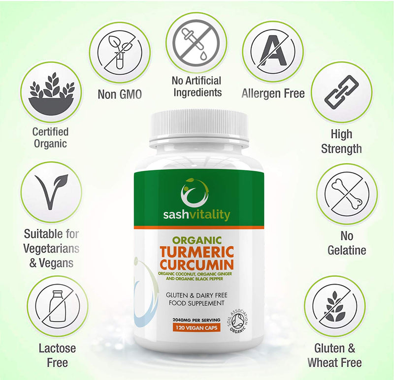 [Australia] - Organic Turmeric High Strength 2040mg Capsules with Black Pepper & Ginger – Advanced Turmeric Curcumin | 120 Vegan Turmeric Capsules | Certified Organic | UK Made Sash Vitality 