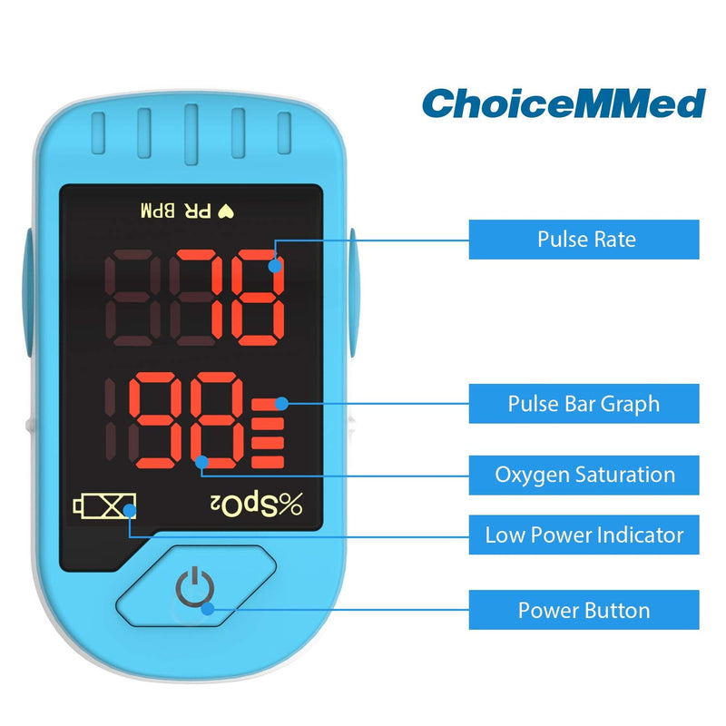 [Australia] - CHOICEMMED Light Blue Finger Pulse Oximeter - Blood Oxygen Saturation Monitor - SPO2 Pulse Oximeter - Portable Oxygen Sensor with Included Batteries - O2 Saturation Monitor with Carry Pouch 