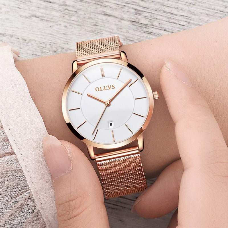 [Australia] - OLEVS Rose Gold Watches Women Japanese Quartz Ladies Waterproof Watch Fashion Dress Wrist Watches for Women Stainless Steel Mesh Strap Casual Ultra Thin Face Watches Date Calendar Elegant Watch-white Face 