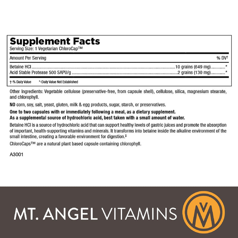 [Australia] - Mt. Angel Vitamins - Hydrochloric Acid Betaine, Supports Healthy Digestion & Gastric Juices (200 Vegetarian Chlorocaps) 200 Count (Pack of 1) 
