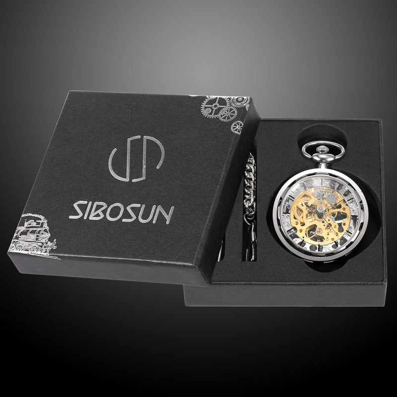 [Australia] - SIBOSUN Steampunk Transparent Open Face Pocket Watch for Men Women Skeleton Dial Antique with Chain + Box 1.Silver 