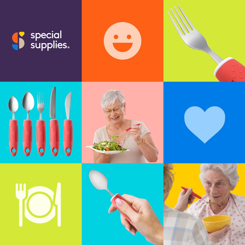 [Australia] - Special Supplies Adaptive Utensils (5-Piece Kitchen Set) Wide, Non-Weighted, Non-Slip Handles for Hand Tremors, Arthritis, Parkinson’s or Elderly Use - Stainless Steel Knives, Fork, Spoons - Red 