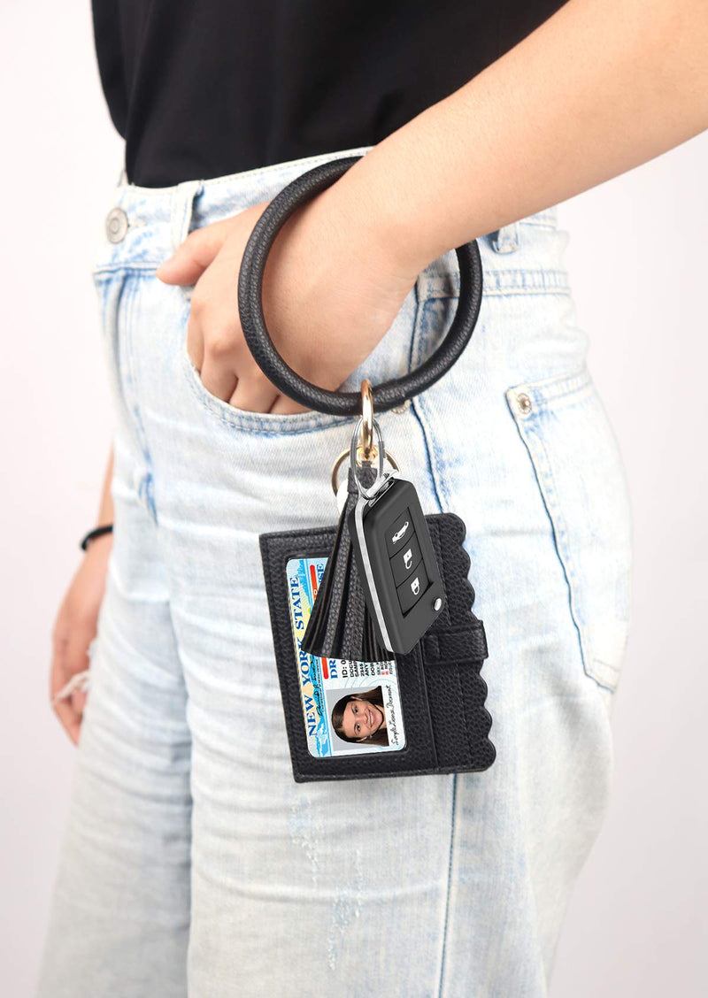 [Australia] - KraftyChix Wristlet Bracelet Keychain, ID Card Holder Purse with PU Leather Tassel Bangle Key Ring for Women Girls Black 