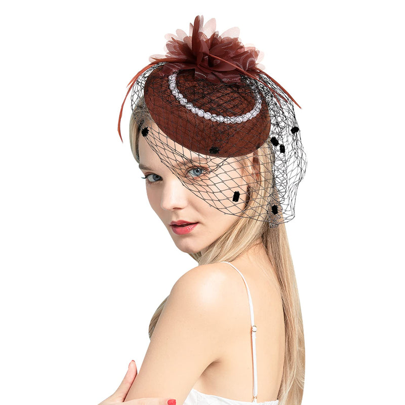 [Australia] - Fascinators Hat for Women,Women's Tea Party Derby Hats,Pillbox Cocktail Mesh Feather Wedding 20s 50s Hat Headwear with Veil Pearl Hair Clip Hairpin Brown 