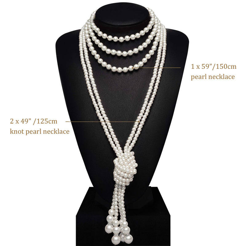 [Australia] - BABEYOND Art Deco Fashion Faux Pearls Necklace 1920s Flapper Beads Cluster Long Pearl Necklace for Gatsby Costume Party Z-Knot Pearl Necklace*2 + 59" Necklace*1 