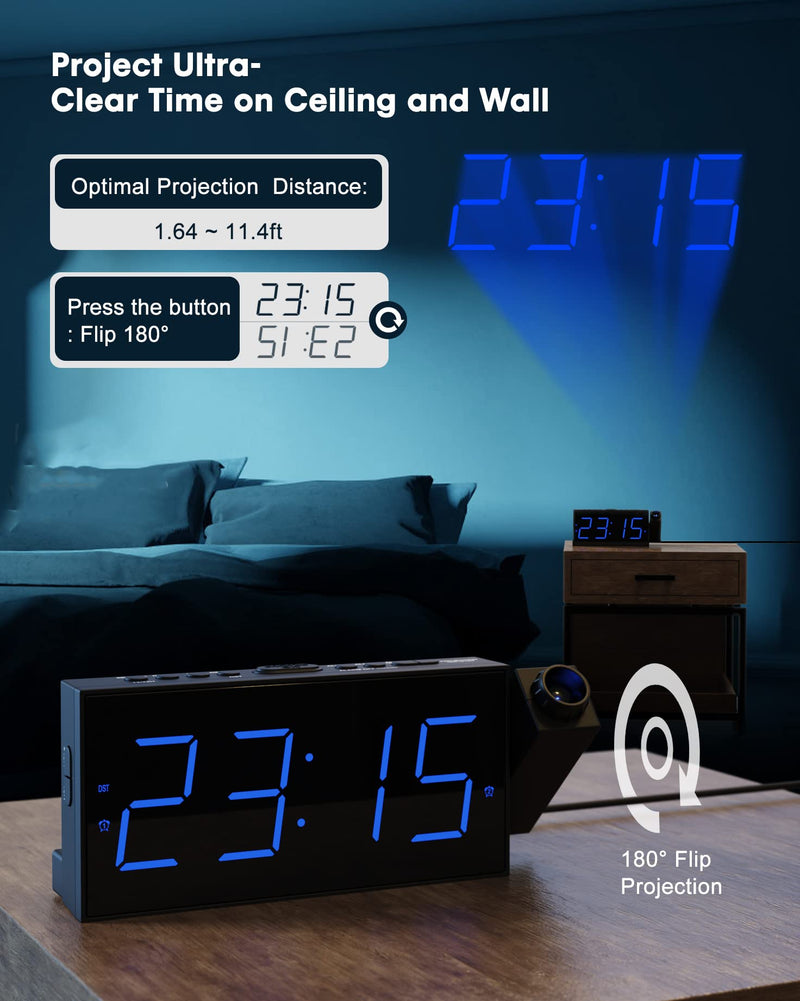 [Australia] - Projection Alarm Clock for Bedroom,LED Digital Clock Projection on Ceiling Wall with USB Phone Charging,Battery Backup,180°Projector& Dimmer,12/24H,DST,Snooze,Dual Loud Bedside Clock for Heavy Sleeper Black 