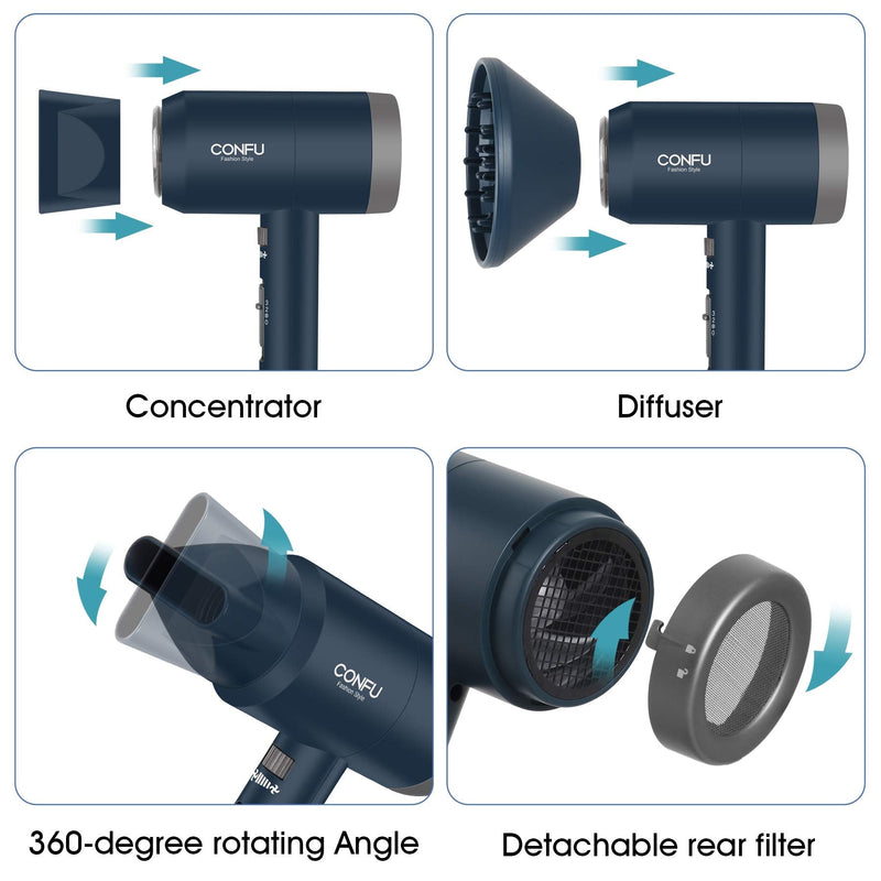 [Australia] - CONFU 1800W Hair Dryer, Ionic Hair Blow Dryer, Lightweight Hair Dryers with Cool Shot Button & Diffuser & Concentrator for Travel Salon Home Use, Dark Blue 