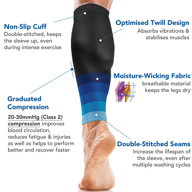 [Australia] - Calf Compression Sleeves for Men & Women - Shin Splints and Calf Support Brace - Compression Calf Guards - Leg Socks for Torn Muscle Cramps (Pair) S-M Black W/Blue 