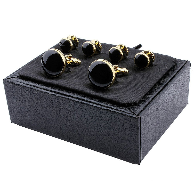 [Australia] - HAWSON Round Cufflinks and 4 Studs Set for Mens Tuxedo Shirt Business Wedding Accessories Black/Gold 