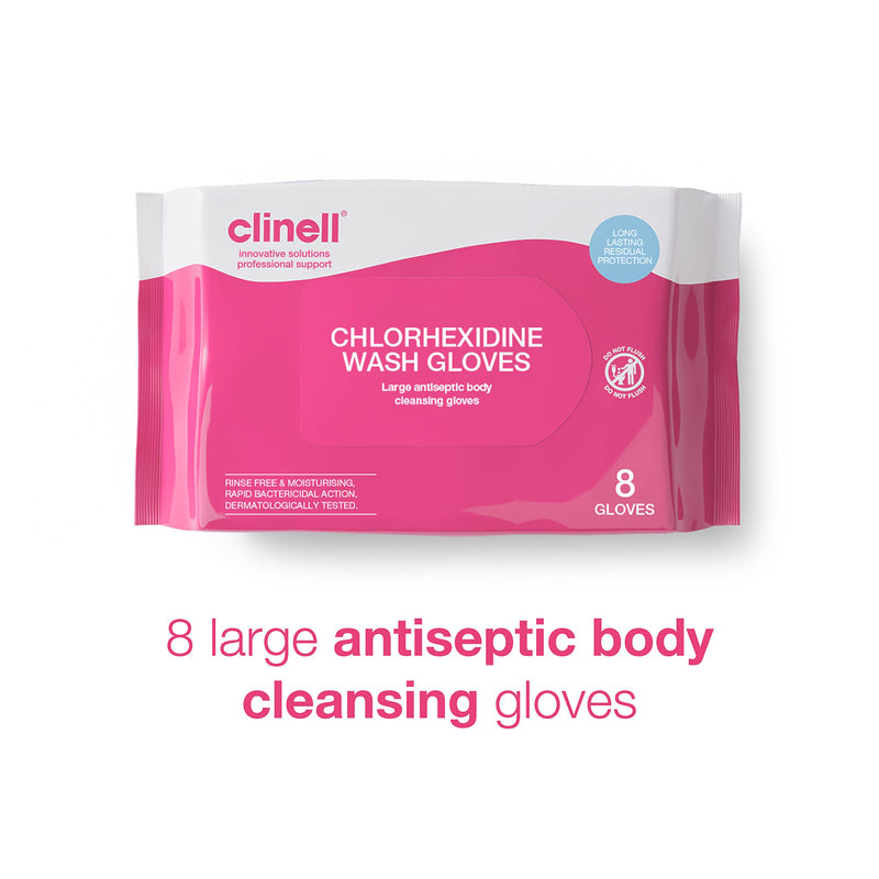 [Australia] - Clinell Chlorhexidine Wash Gloves - Pack of 8 Gloves - Body Wipes, Rinse Free Solution, Kills Bacteria, Dermatologically Tested Single 