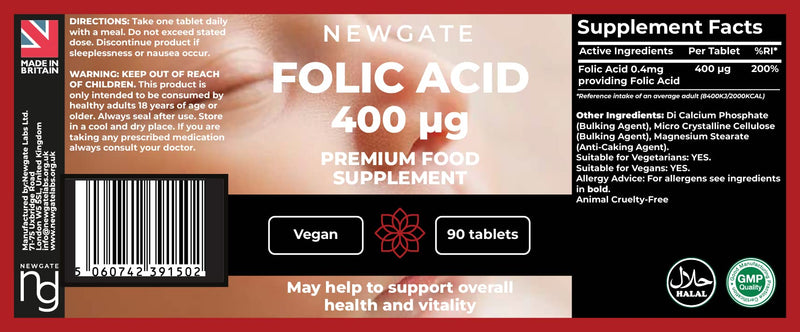 [Australia] - Newgate Labs Folic Acid 400�g 90 Vegan Tablets for Women - Premium Nutritional Supplement - Conception and Pregnancy Support � Halal, GMP Certified, GMO Free - Made in The UK 