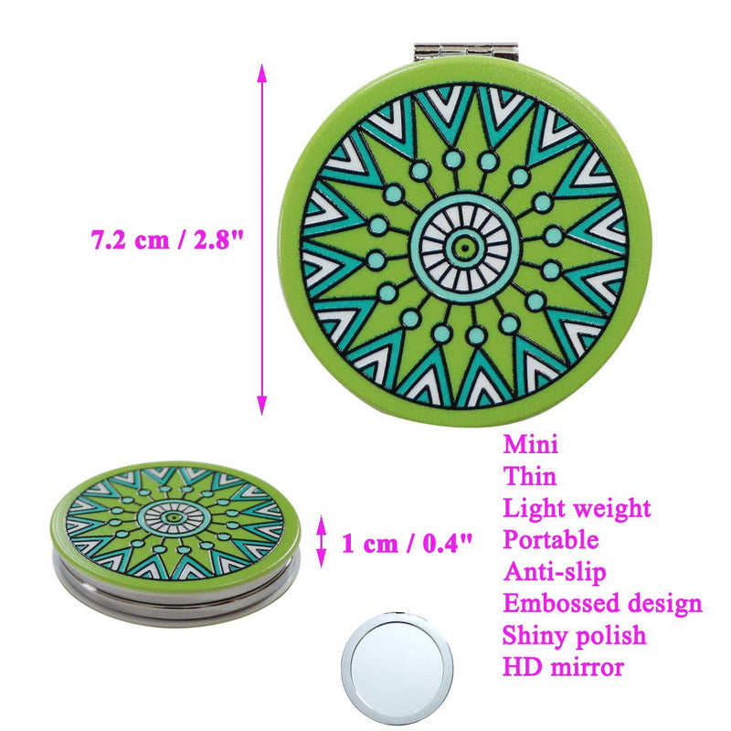 [Australia] - Beaufy Manifying Travel Makeup Compact Mirror Handheld Mini Pocket Purse Folding Portable Small Mirrors Bulk - Dual Beauty Mirrors for Women Girl Lady Men - Embossing Mandala Mixed designs - 6 Pack Green 