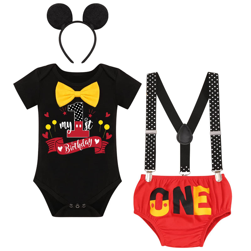 [Australia] - Baby Boy Mouse 1/2 First Birthday Outfit Romper + Suspenders + Pants + Headband Half Way to One Cake Smash Photo Shoot 6-12 Months Black - My 1st Birthday 