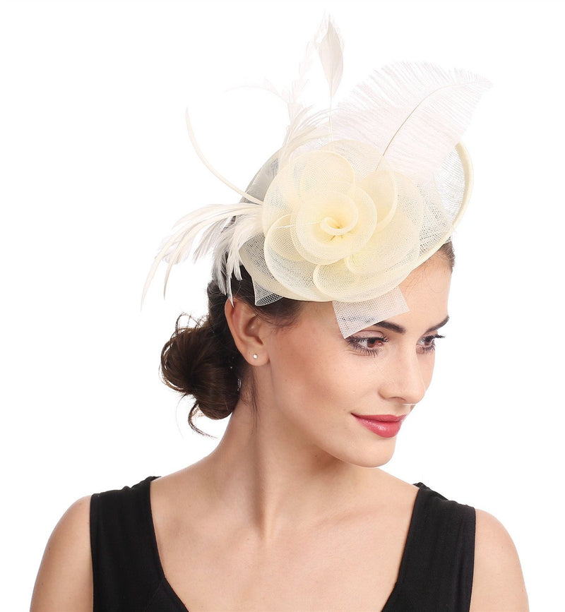 [Australia] - SAFERIN Fascinators Hat Sinamay Flower Mesh Feathers on a Headband and a Clip Tea Party Headwear for Girls and Women Ta4-sinamay Feather Beige 