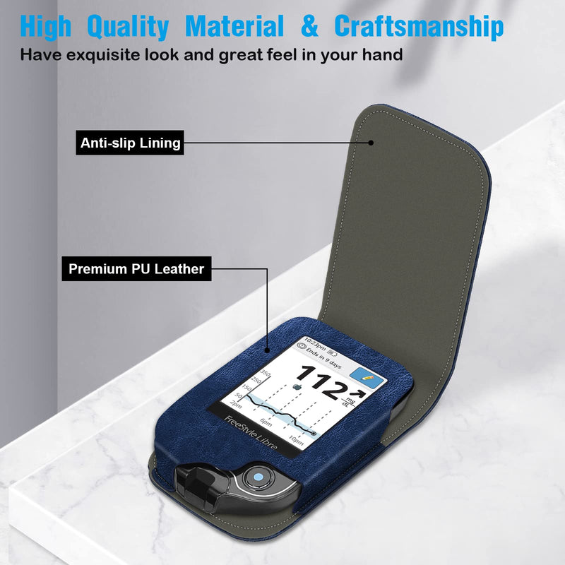 [Australia] - MEDMAX PU Leather Protective Case for Freestyle Libre 2 / Libre Reader, Lightweight Shockproof Diabetic Storage Carrying Case with Clip and Handle (Navy) Navy 
