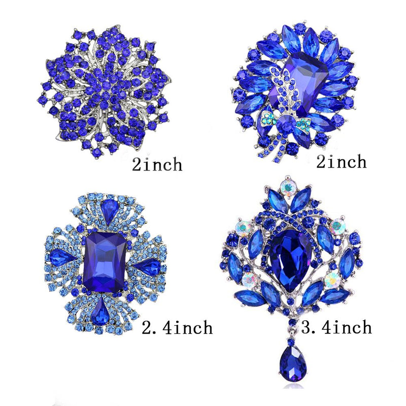 [Australia] - Ezing 4pcs Big Blue Crystal Silver Plated Brooch for Wedding Bouquet 