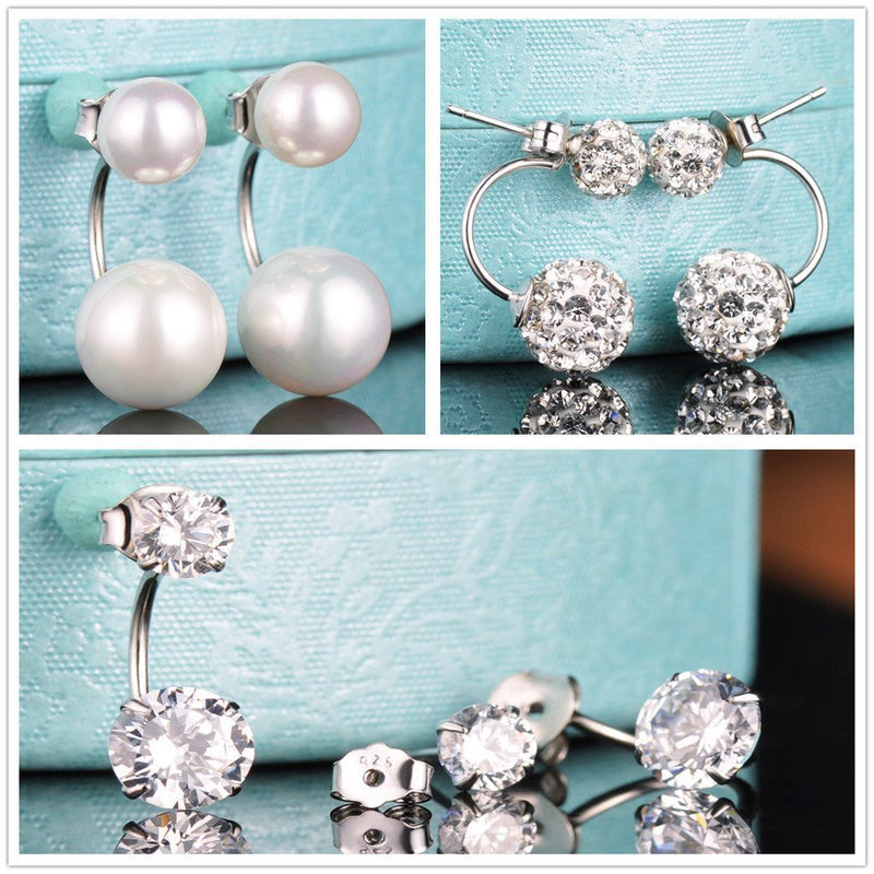 [Australia] - Yumilok Jewelry 3 Pairs 925 Sterling Silver Pearls Crystal Cubic Zirconia Double Balls Front and Back Earrings Studs Earring Jackets, Hypoallergenic 