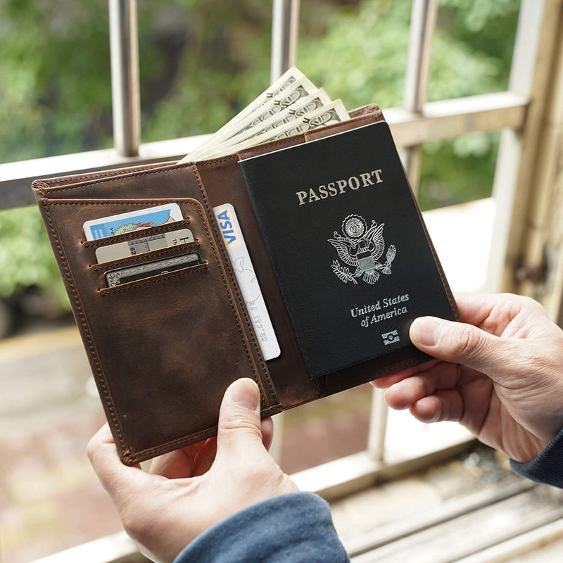[Australia] - Polare Men's Functional RFID Blocking Leather Passport Holder Travel Bifold Wallet A-Dark Brown 
