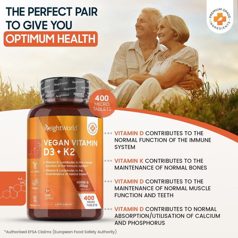 [Australia] - Vitamin D3 K2 Tablets - 4000iu Vitamin D High Strength Tablets with 200mcg K2 Vitamin (MK7) - 400 VIT D3 and K2 Tablets (1+ Year Supply) - Vegan Vitamin D K2 Supplement for Men & Women - EU Made 