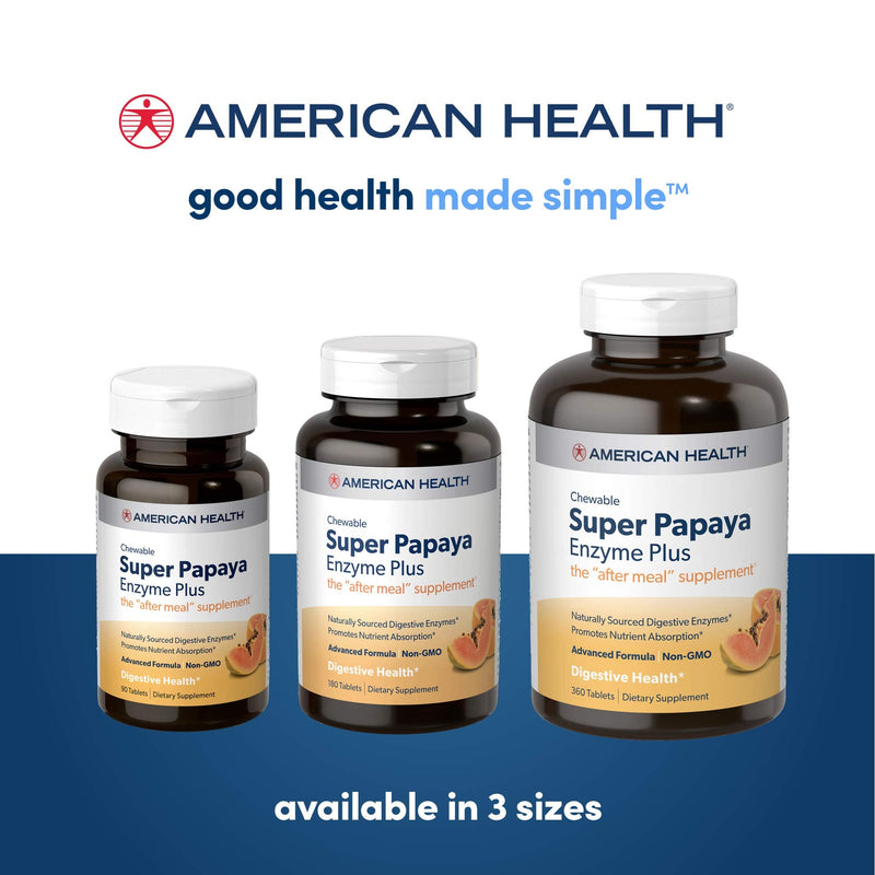 [Australia] - American Health Super Papaya Enzyme Plus Chewable Tablets, Natural Papaya Flavor - Promotes Digestion & Nutrient Absorption, Contains Papain & Other Enzymes - 180 Count, 60 Total Servings 