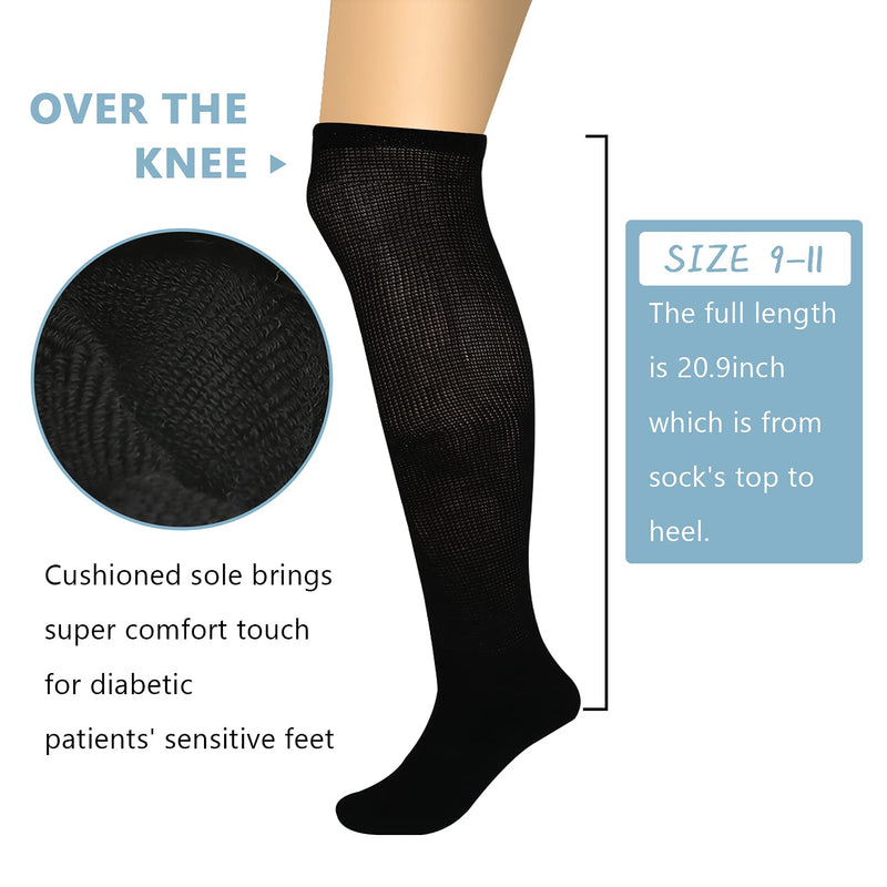 [Australia] - Athlemo Women&Men Bamboo Diabetic Socks 2 Pairs Loose Fit Non-Binding Over the Knee Seamless Breathable Anti-odor Black(2 Pairs) 9-11 