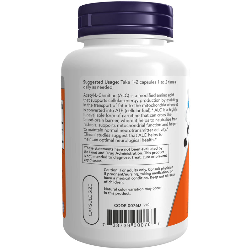 [Australia] - NOW Supplements, Acetyl-L Carnitine 500 mg, Amino Acid, Brain And Nerve Cell Function*, 100 Veg Capsules 