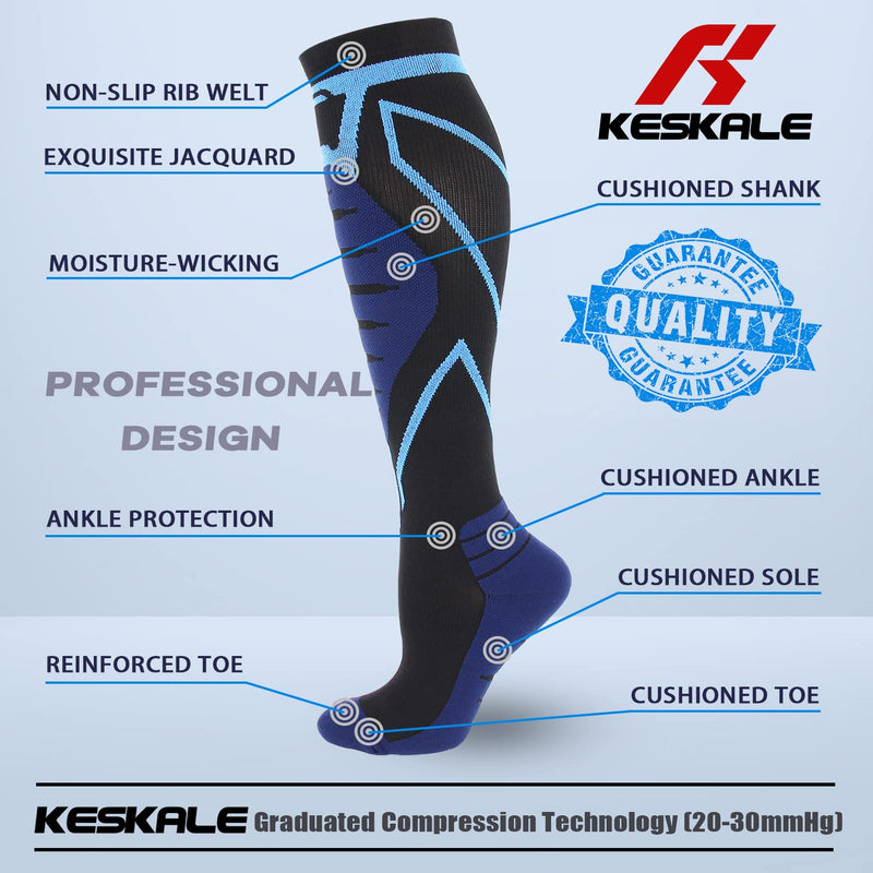 [Australia] - Keskale Compression Socks for Men & Women 20-30 mmHg, Knee High Cushioned Graduated Support Stockings for Medical, Athletic Large-X-Large 1pair-blue 