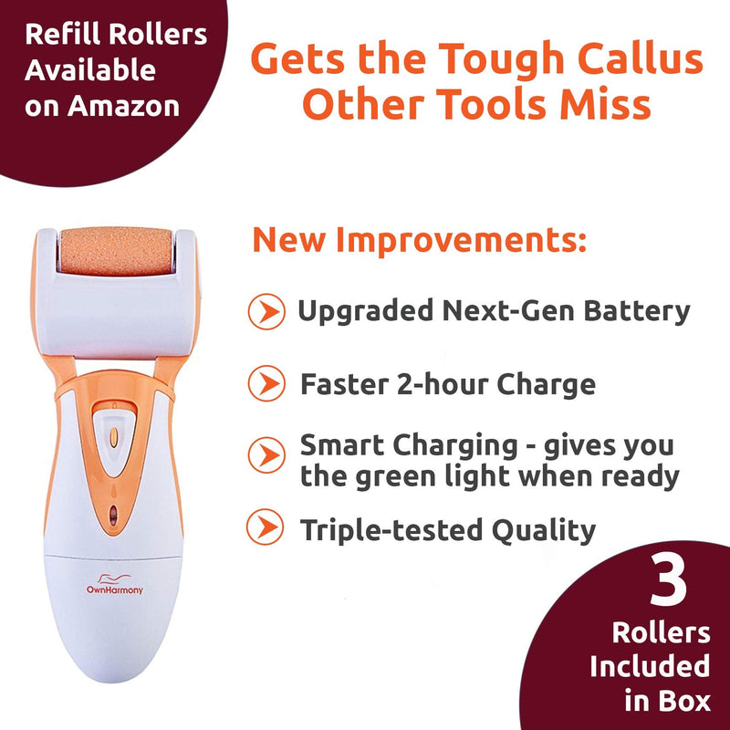 [Australia] - Own Harmony Professional Foot Care for Women: Rechargeable Callus Remover for Feet Electric Foot Sander - Electronic Foot File CR900 with 3 Rollers, Foot Grinder Pedi for Cracked Heels & Hard Skin Peach 