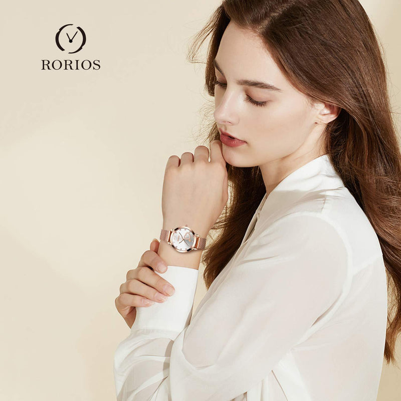 [Australia] - RORIOS Fashion Wrist Watches for Women Rose Gold Steel Strap Analogue Quartz Wristwatch Elegant Watches for Ladies Girls White 