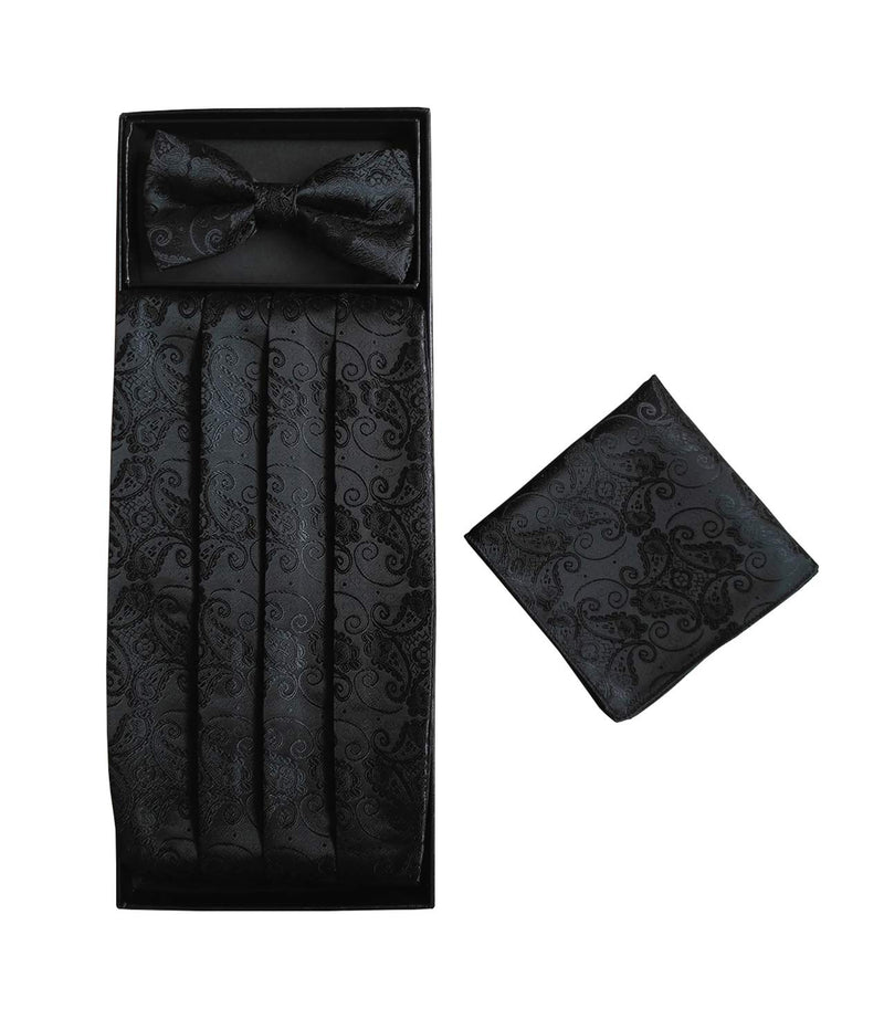 [Australia] - Simpowe Mens Matching Paisley Pocket Square Bow Tie and Cummerbund Set One Size Black 