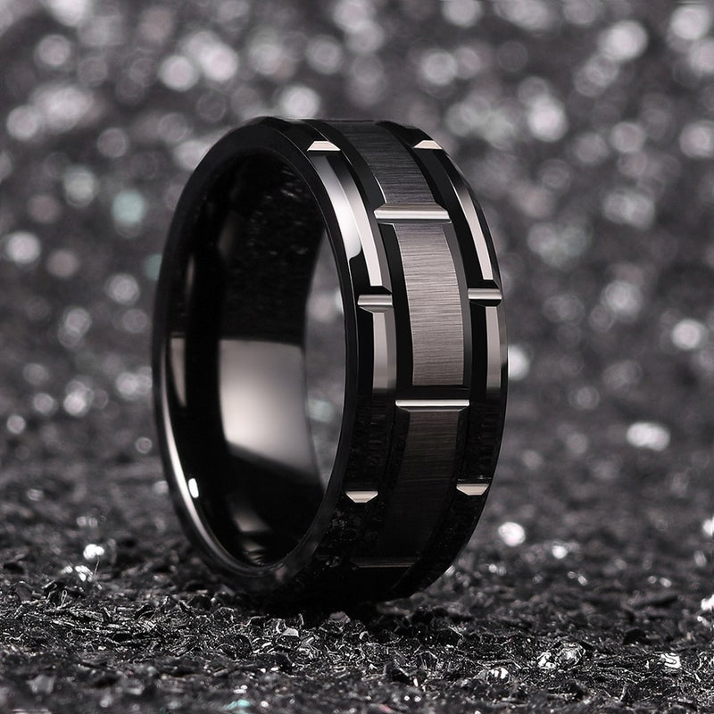 [Australia] - King Will Classic Mens 8mm Silver/Black/Gold/Rose Gold Tungsten Carbide Wedding Band Brick Pattern Brushed Finish black 6 