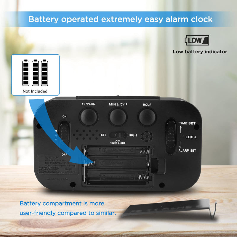 [Australia] - Peakeep Alarm Clock Battery Operated - Indoor Temperature Humidity Digital Display for Bedrooms, Smart Night Light, Small Easy Desk Bedside Gifts Clock Black 1 