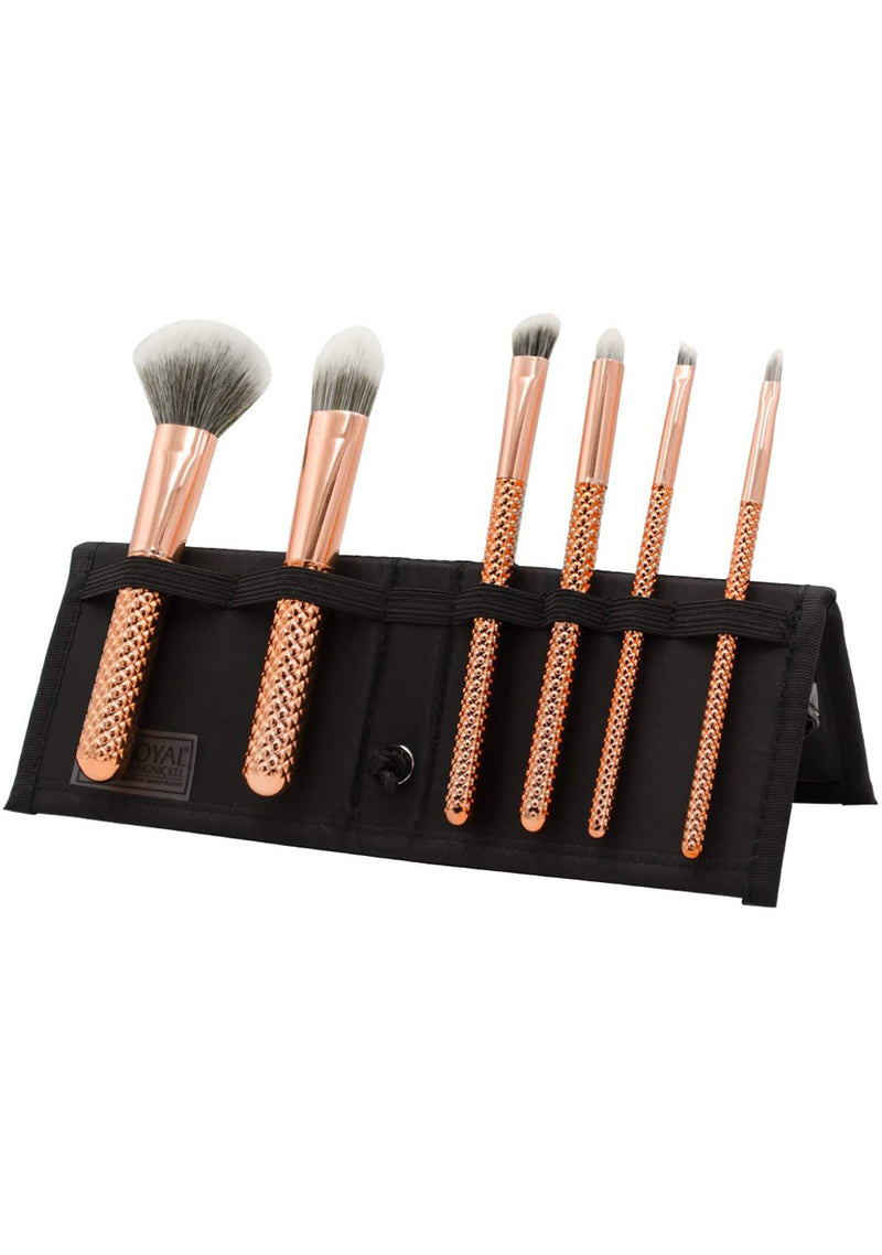 [Australia] - Royal & Langnickel MODA Travel Size Metallics Total Face Makeup Brush Set with Pouch, Includes - Powder, Foundation, Angle Shader, Smoky Eye, Brow Liner and Pointed Lip Brushes, Rose Gold 