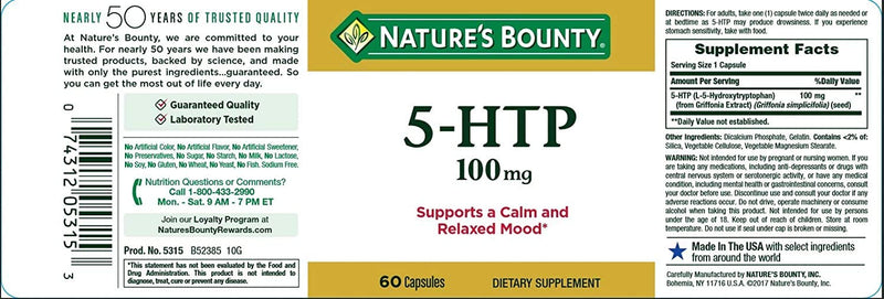 [Australia] - Nature's Bounty 5-HTP Pills and Dietary Supplement, Supports a Calm and Relaxed Mood, 100mg, 60 Capsules 