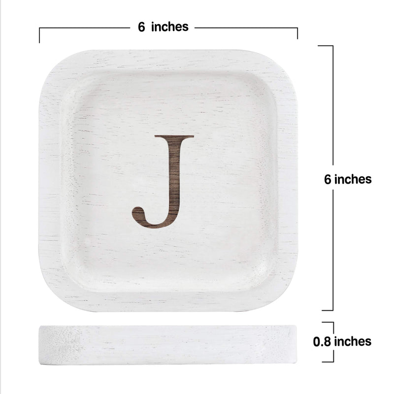 [Australia] - Solid Wood Personalized Initial Letter Jewelry Display Tray Decorative Trinket Dish Gifts For Rings Earrings Necklaces Bracelet Watch Holder (6"x6" Sq White "J") 6"x6" Sq White "J" 