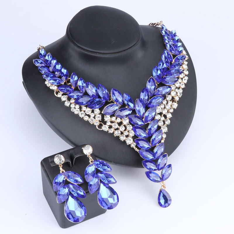 [Australia] - WANG Fashion 18K Gold Plated Crystal Wedding Party Necklace Earring Jewelry Set Blue 