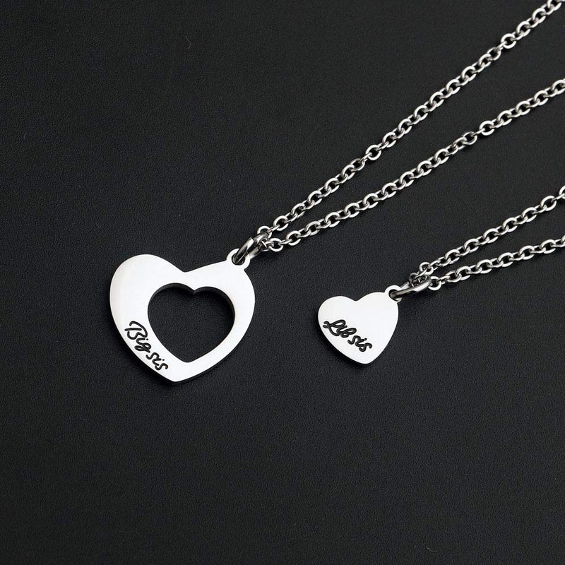 [Australia] - KUIYAI Sister Necklace for 2 Big Sister Little Sister Heart Pendant Necklace 2 sis necklace set silver 