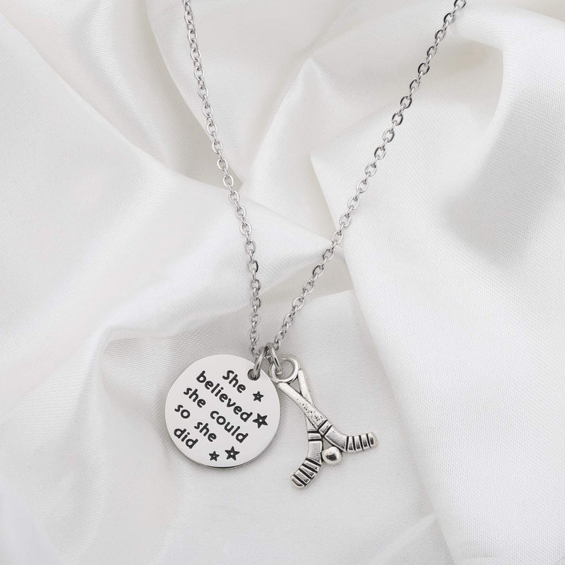 [Australia] - FUSTMW Hockey Charm Necklace She Believed She Could So She Did Ice Hockey Players Inspirational Gift Hockey Jewelry Gifts for Her silver 