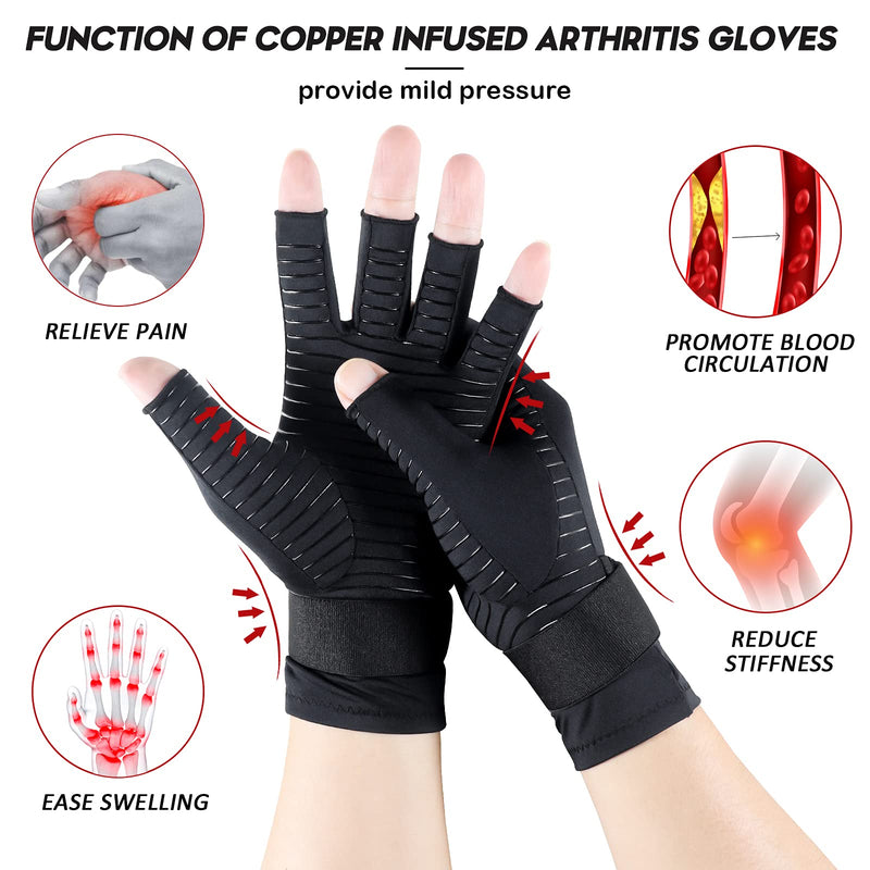 [Australia] - Copper Compression Arthritis Gloves with Strap, Wrist Brace Arthritis gloves Carpal Tunnel Relief Fingerless Gloves women men Large 
