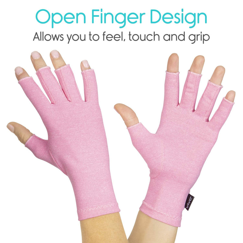 [Australia] - Vive Pink Arthritis Hand Compression Gloves - Comfortable Fit for Men and Women - Open Finger for Rheumatoid, Osteoarthritis and Computer Typing Pain - Carpal Tunnel Support - Moisture Wicking Fabric 