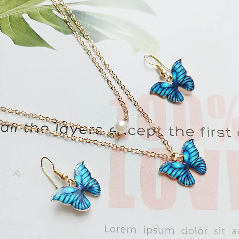 [Australia] - Vangelady Butterfly Necklace Earrings Set Faux Pearl Pendant Double Chain Jewelry for Women Girls Teens Gold Plated 