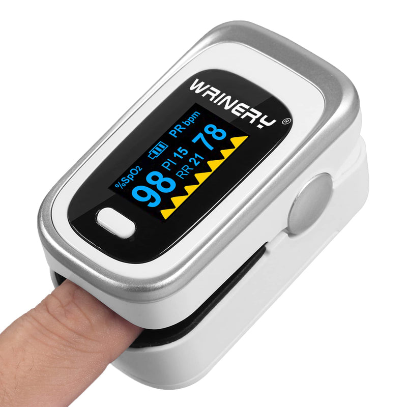 [Australia] - WRINERY Oxygen Saturation Monitor, Pulse Oximeter Fingertip, Oxygen Monitor, O2 Saturation Monitor, OLED Portable Oximetry with Batteries, Lanyard (Silver-White) 