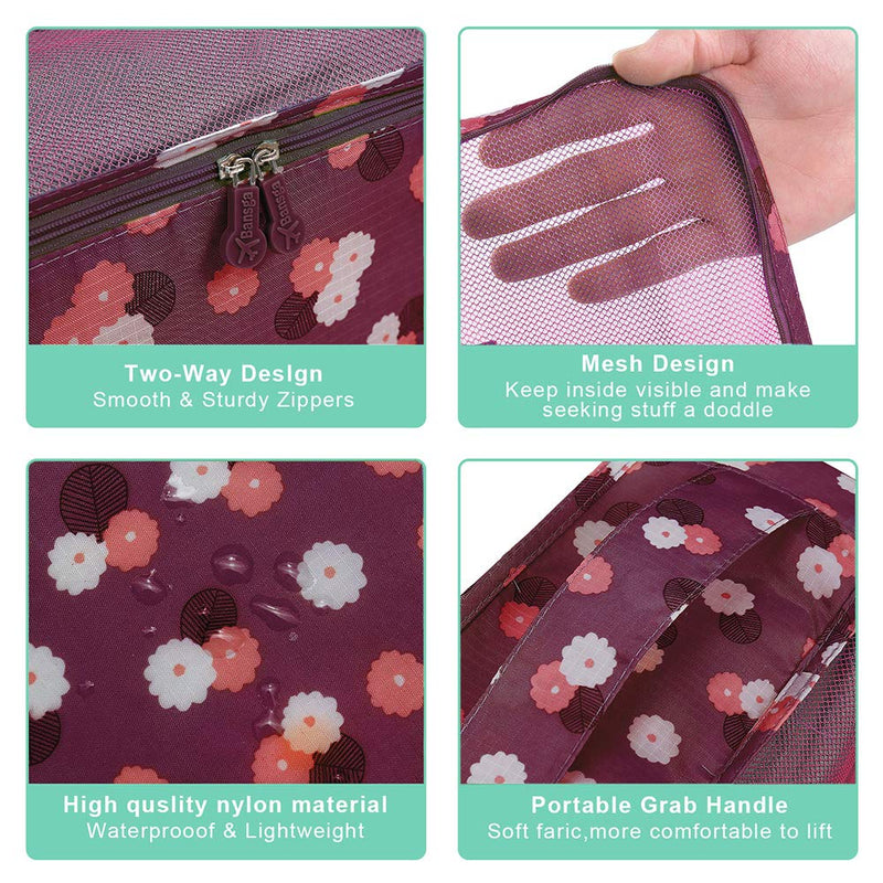 [Australia] - Packing Cubes Travel Organizers Luggage Compression Pouches-6 Sets Travel Accessories(Wine Flower) Wine Flower 