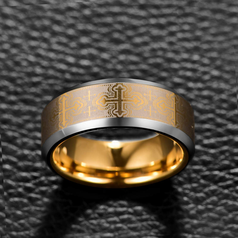 [Australia] - MEILING LINGMEI Silver and Gold Tungsten Carbide Ring for Men Women Laser Cross Pattern Comfort Fit Wedding Band Beveled Edges Size 10 