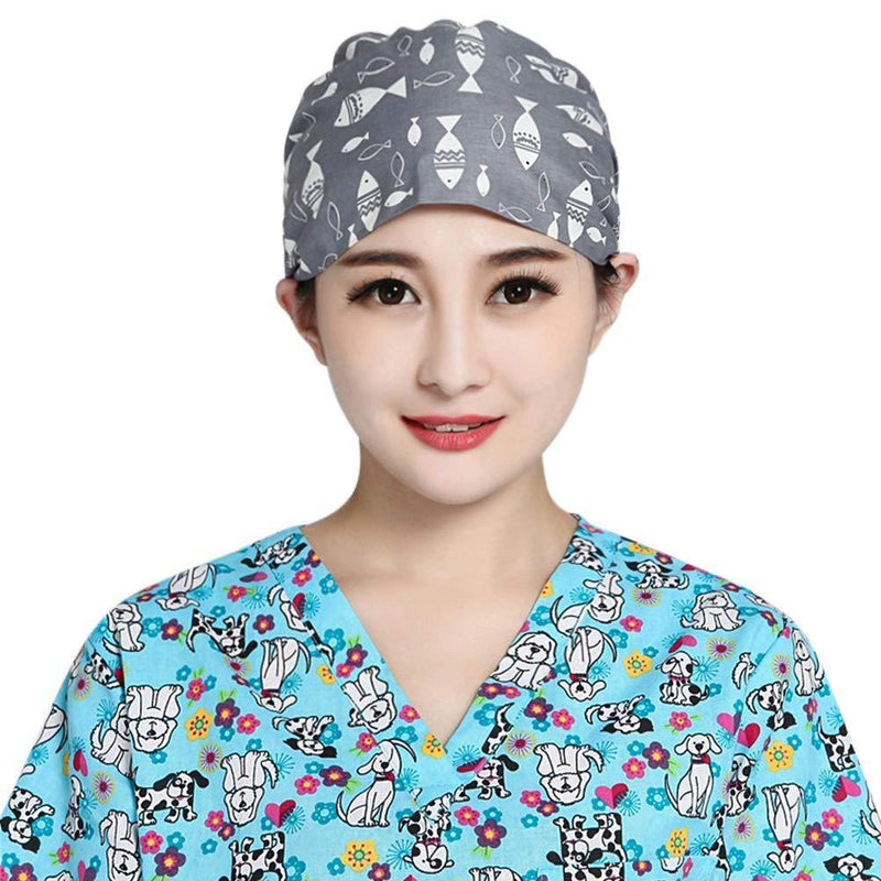 [Australia] - Scrub Cap Chef Hat for Women Men Cartoon Animal Printed Turban Cap Kitchen Cooking Hat Shower Cap Bath Cap Adjustable Tie Work Cap Elastic Band Spa Salon Cap Multipurpose Hat Fish pattern 