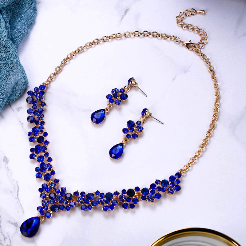 [Australia] - BriLove Wedding Bridal Jewelery Set for Women Crystal Bling Rhinestone Beaded Cluster Statement Necklace Dangle Earrings Royal Blue Color Gold-Tone 